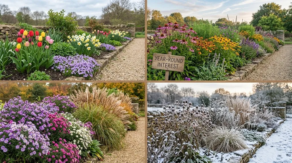 Perennial border ideas that look good every season – four-season collage showing spring, summer, fall, and winter interest.