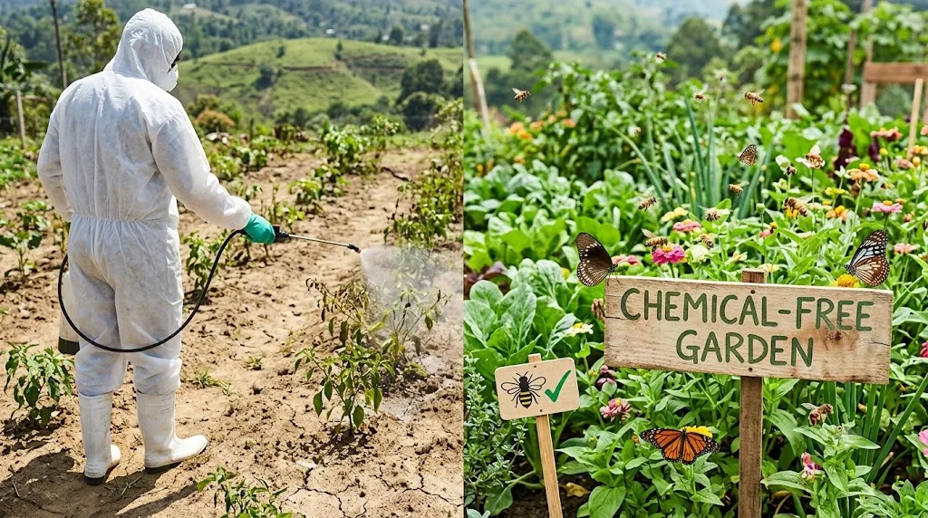 How to garden without pesticides or chemicals – before and after comparison showing chemical garden versus thriving organic garden with pollinators.