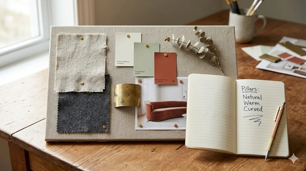 How to create a cohesive interior style across every room – step 1: a mood board with fabric swatches, paint chips, brass sample, and design pillars notes.