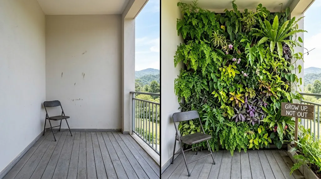 Vertical garden wall ideas for small spaces – before and after showing empty balcony transformed with vertical garden while keeping floor space clear.