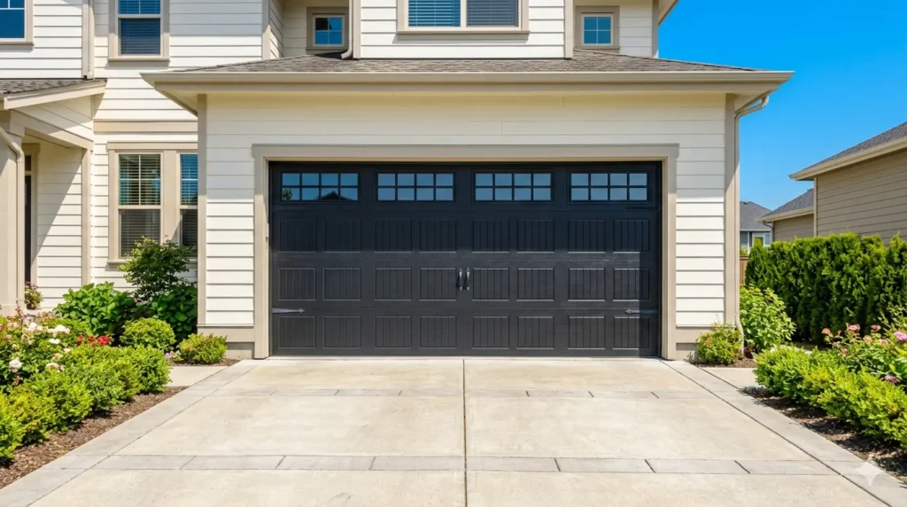 Garage door styles that transform your home's facade – carriage house style with black hardware and arched windows.
