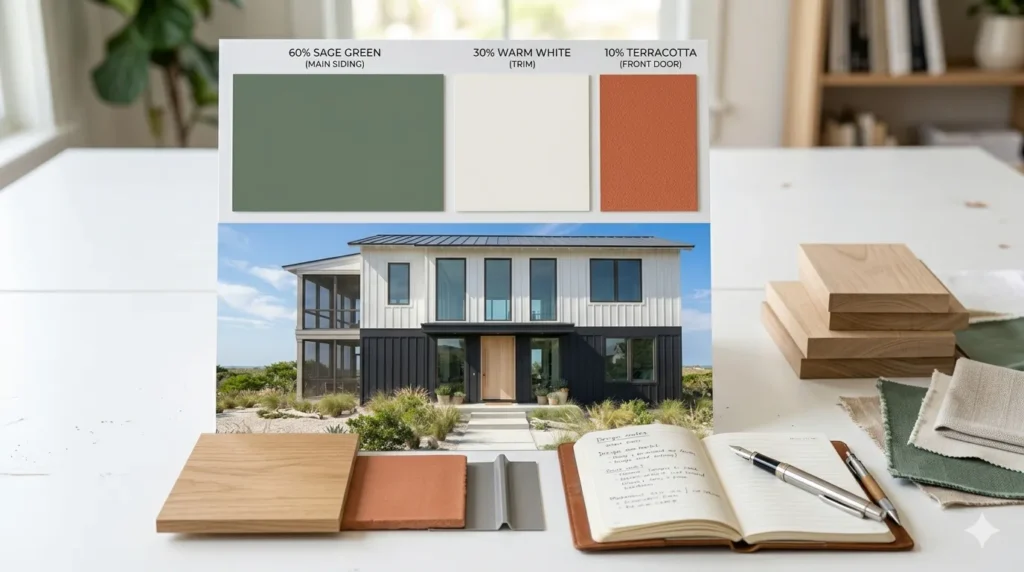 Two-tone exterior paint ideas for modern homes – step 1: 60-30-10 color rule with sage green, warm white, and terracotta swatches.