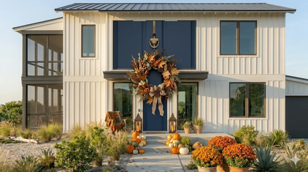 How to decorate your exterior for autumn – step 1: natural autumn wreath with dried leaves and pinecones on a navy front door.