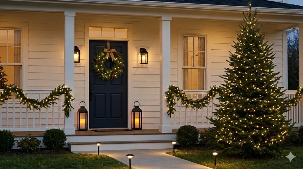 Christmas exterior lighting ideas that look elegant – step 1: a pine wreath with warm white mini lights on a dark front door.