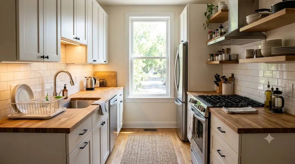 Small kitchen layout ideas that maximize every inch – galley kitchen with two parallel countertops and open shelving.