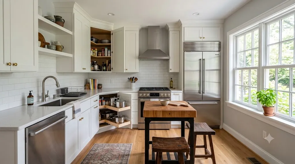 Small kitchen layout ideas that maximize every inch – L-shaped kitchen with corner pull-out shelving and small island.