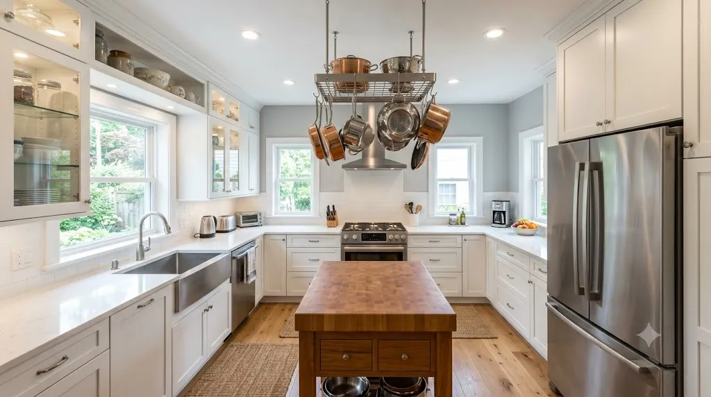 Small kitchen layout ideas that maximize every inch – U-shaped kitchen with cabinets on three walls and pot rack.