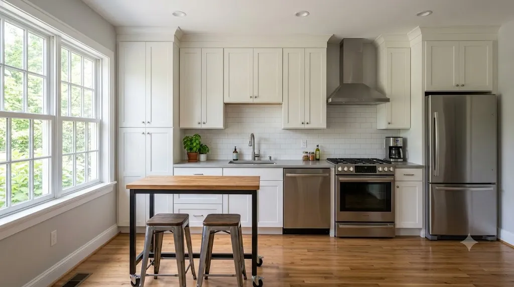 Small kitchen layout ideas that maximize every inch – one-wall kitchen with rolling island and tall pantry cabinets.
