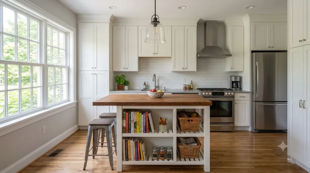 Small kitchen layout ideas that maximize every inch – compact kitchen island with butcher block top, shelving, and seating.