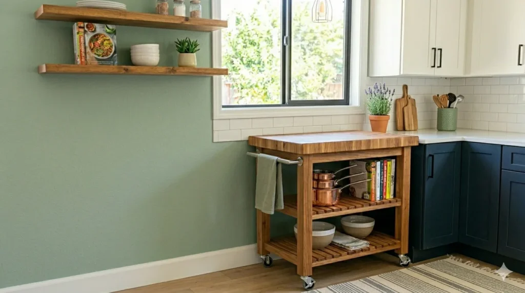 10 kitchen makeover ideas under $1,000 – step 10: styling with a striped runner, linen dish towels, and fresh accents.
