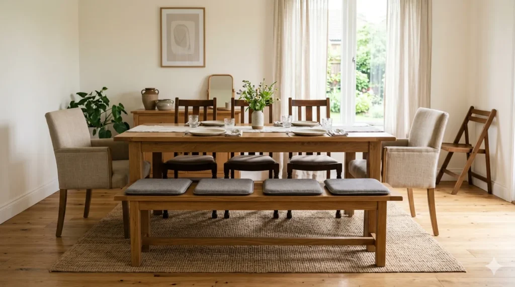 How to design a dining room that works for everyday and entertaining – step 2: mixed seating with armchairs, armless chairs, and a bench.