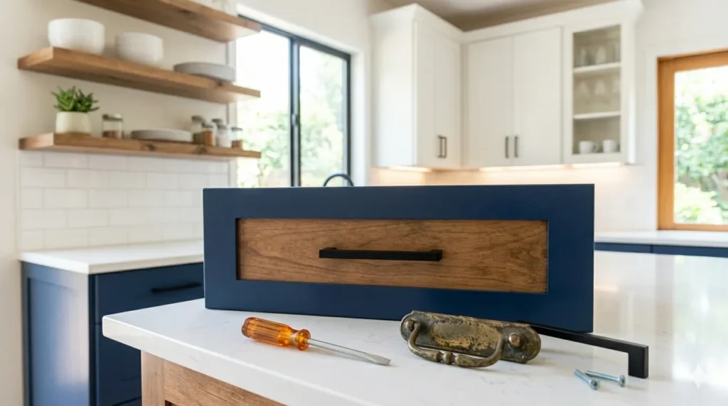 10 kitchen makeover ideas under $1,000 – step 1: painting a cabinet door navy blue with a foam roller.