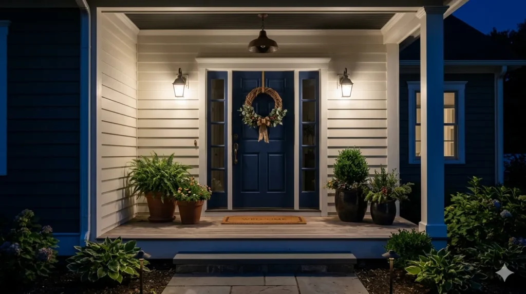 Exterior lighting ideas that boost curb appeal at night – step 2: wall sconces framing a navy front door.