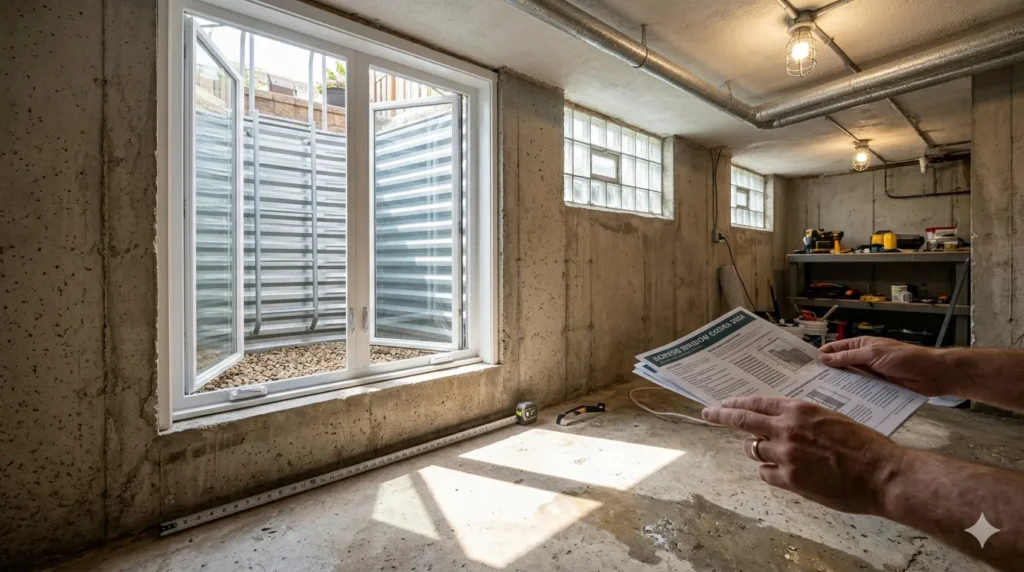 How to convert a basement into a living space – step 2: egress window with window well and sunlight for safety and natural light.