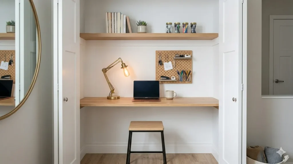 Home office in a small space: creative solutions – step 2: closet converted into a compact office with desk, shelf, lamp, and chair.