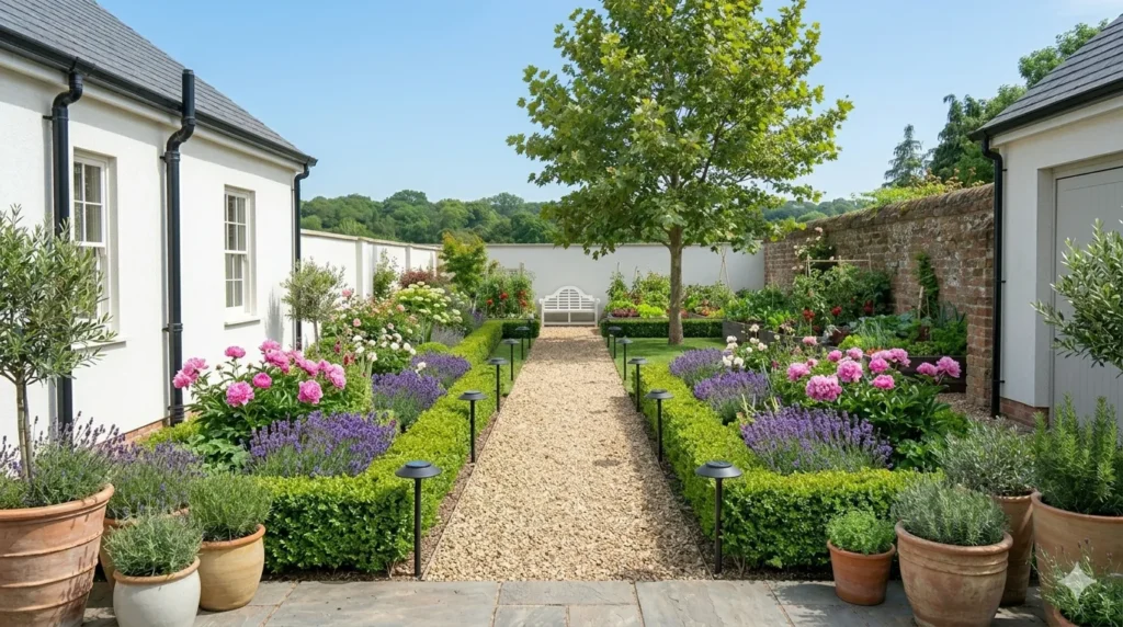 Garden layout ideas for rectangular plots – central gravel path with symmetrical flower beds and a bench at the far end.