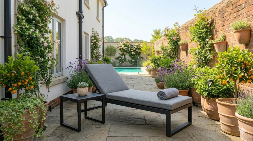 Best outdoor furniture materials for all weather – modern aluminum lounge chair with matte black finish and gray cushion.