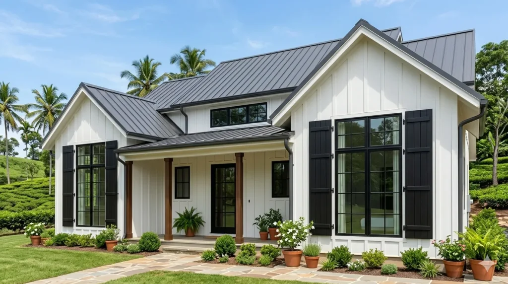 Shutters on modern homes do they still work – step 2 board and batten shutters in black on a white modern farmhouse with metal roof.Shutters on Modern Homes: Do They Still Work?