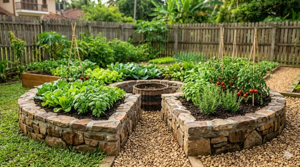 Raised bed vegetable garden ideas and layouts – keyhole garden layout with circular stone bed and wedge-shaped access path.
