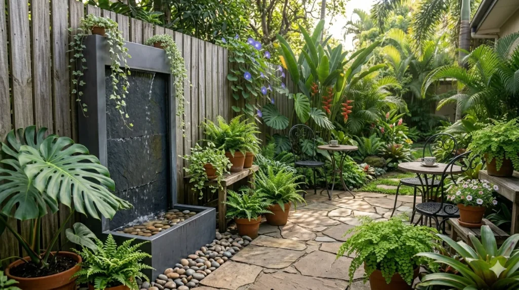 How to add a water feature to a small garden – wall-mounted fountain on a wooden fence with cascading water and potted plants.