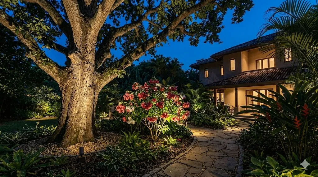 How to light a garden for evenings and entertaining – step 2 uplighting on a large oak tree creating dramatic shadows.