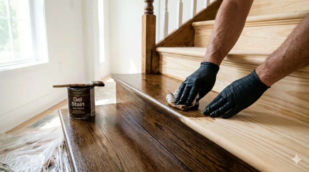 How to update a dated staircase without replacing it – step 2: staining treads dark walnut, before and after contrast.