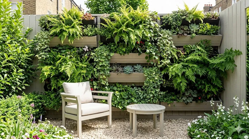 How to make a tiny garden feel bigger – step 2 vertical living wall with ferns and succulents on a fence, small table and chair below.