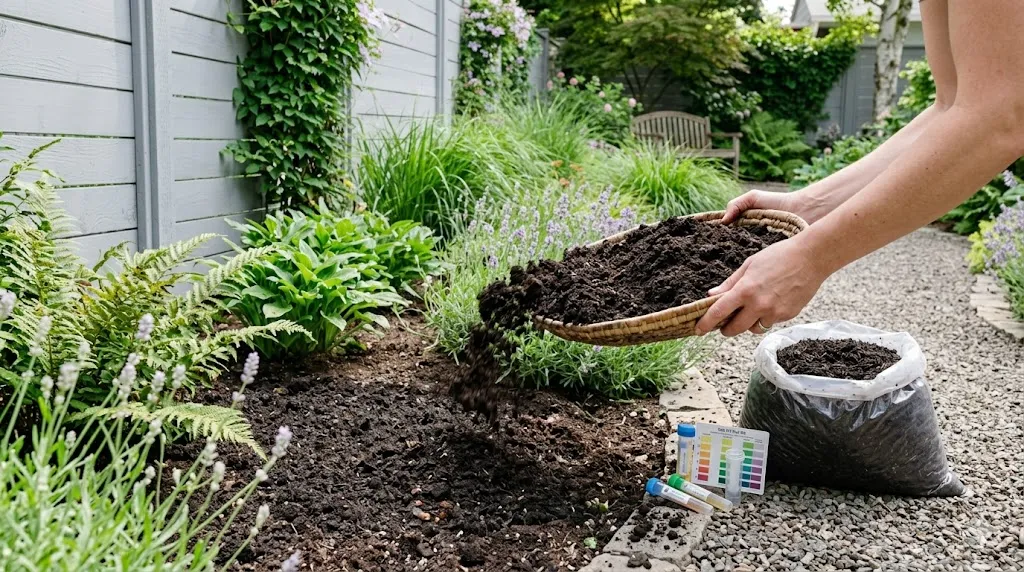 Spring Garden Refresh – step 2 hands spreading dark compost onto garden bed with mulch and soil test kit nearby.