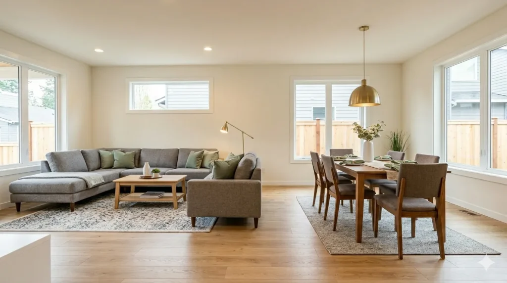 How to style an open-plan dining and living area – step 2 repeating light oak, beige linen, brass, and sage green in both zones.