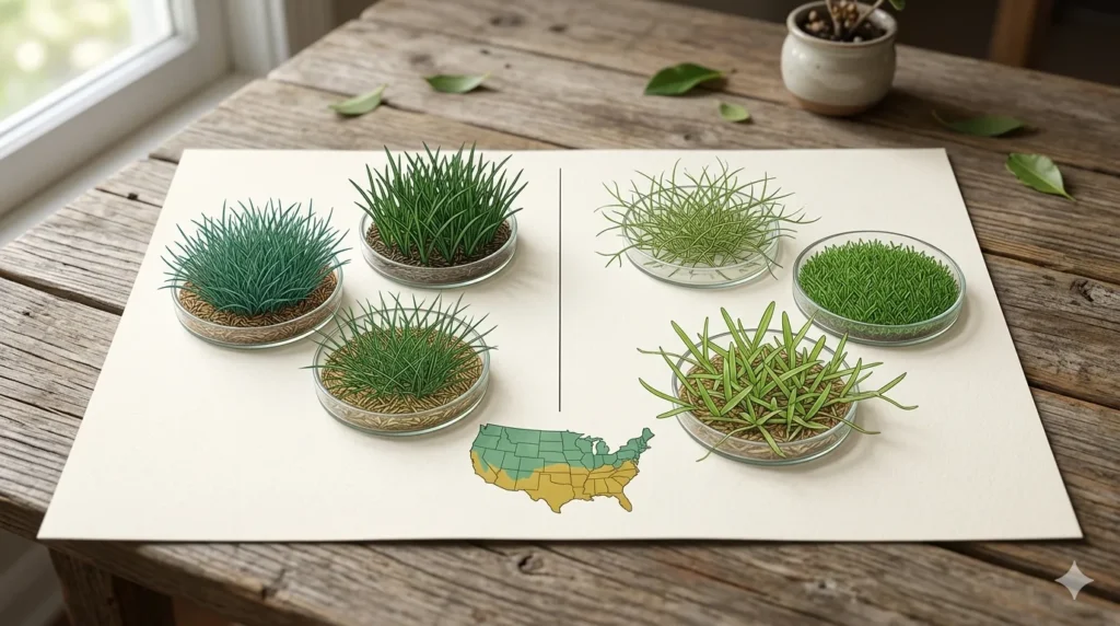 Best grass seed types for shade and sun – step 2 cool-season vs warm-season grass samples with a US map showing regional recommendations.