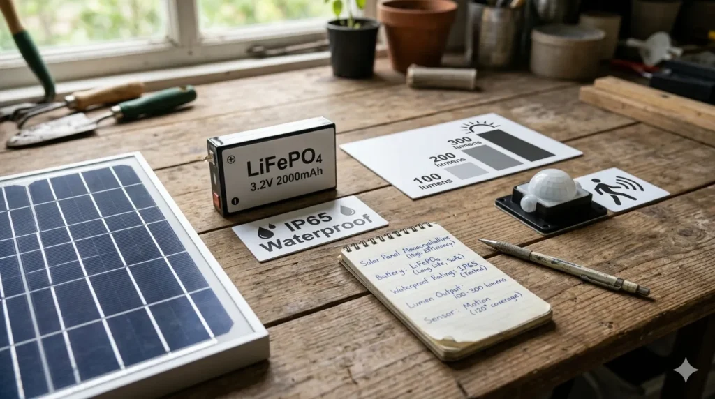 Best solar-powered exterior lights – step 1 benefits of solar lights showing zero cost, no wiring, and eco-friendly icons.