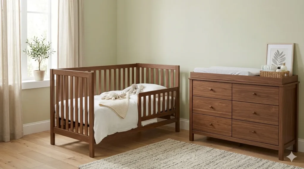 How to design a nursery that grows with your child – step 2: convertible crib in toddler mode and dresser with removable changing tray.