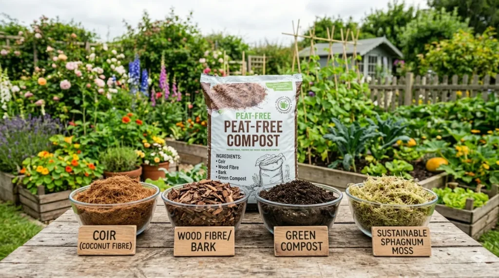 Peat-free gardening alternatives and benefits – step 2 four main alternatives: coir, wood fibre, green compost, and sphagnum moss.