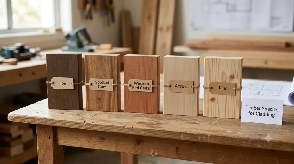 Wood cladding maintenance – five timber species samples: Ipe, Spotted Gum, Western Red Cedar, Accoya, and Pine.