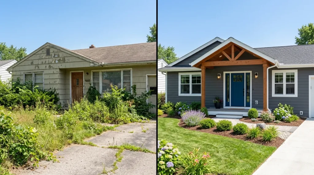 Before and after dramatic curb appeal transformations – rancher transformed from ugliest house to showstopper with new siding, blue door, gable porch, and landscaping.