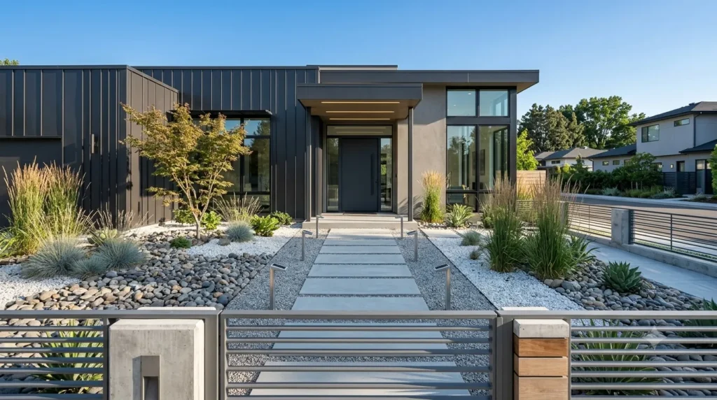 Paved pathway ideas from gate to front door – natural flagstone path with creeping thyme between gaps winding through lavender and ornamental grasses.