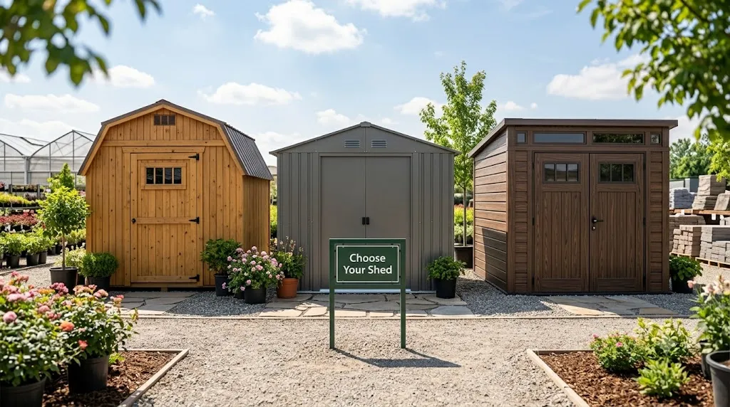 Workshop shed design and layout ideas – step 2 three shed types: wood, metal, and resin/plastic side by side.
