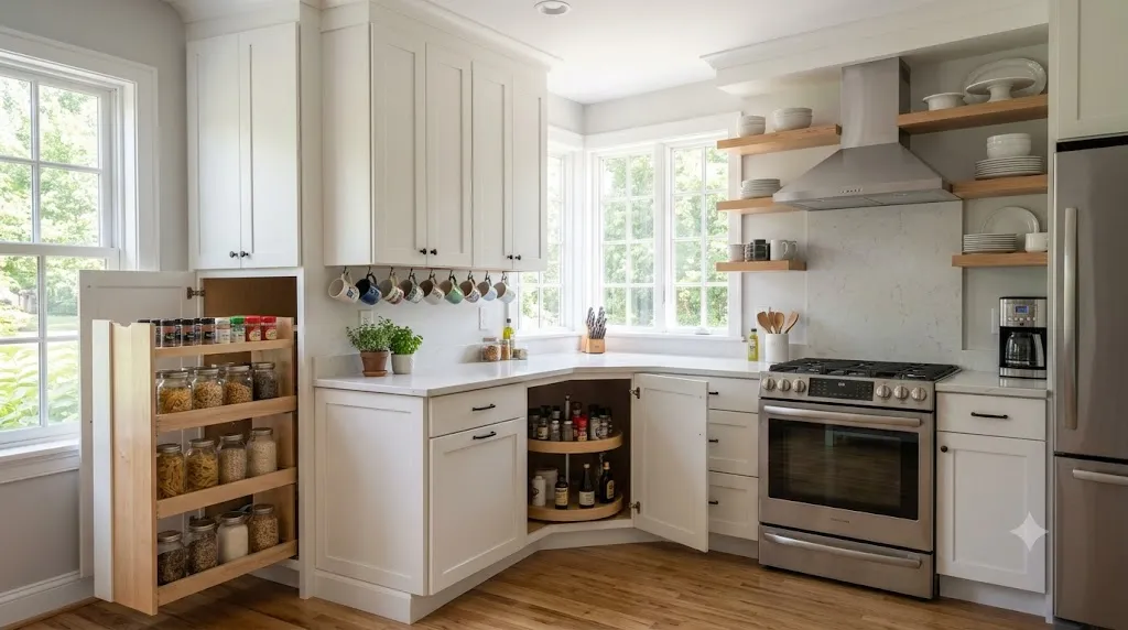 Small kitchen layout ideas that maximize every inch – space-saving storage with tall pantry, pull-out shelves, lazy Susan, and under-cabinet hooks.