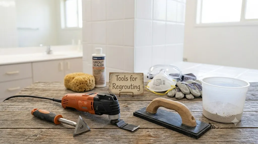 How to regrout bathroom tiles without a full renovation – essential tools and materials: grout removal tool, float, sponge, sealer, safety gear.