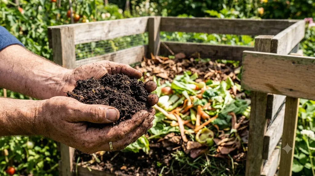 How to garden without pesticides or chemicals – step 1 hands holding dark crumbly compost from a compost bin.