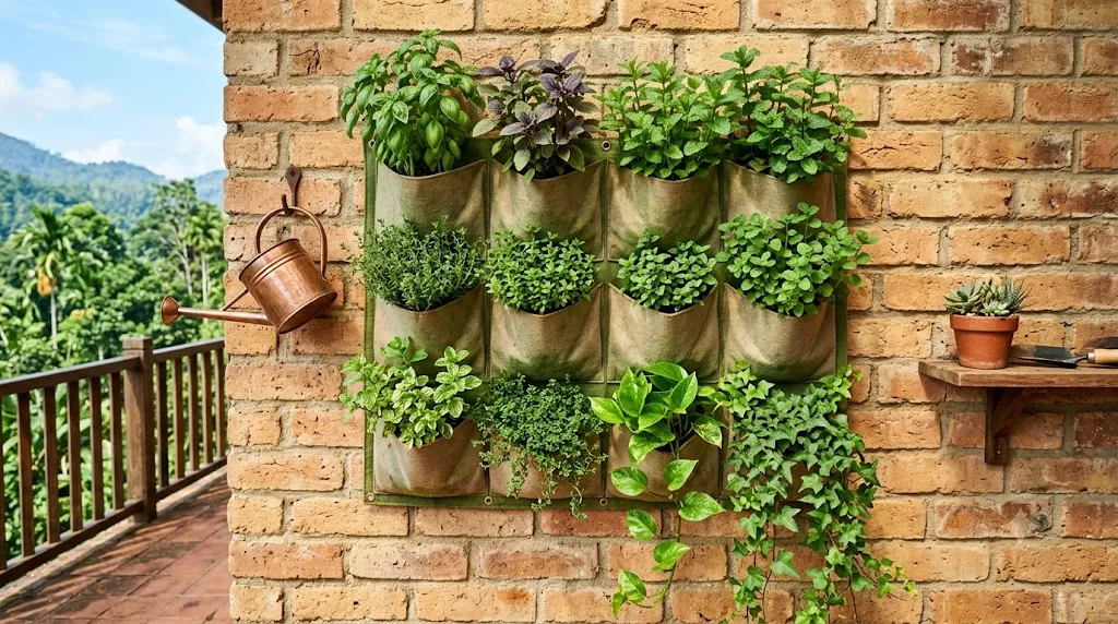 Vertical garden wall ideas for small spaces – fabric pocket planter with herbs and trailing plants on a brick wall.