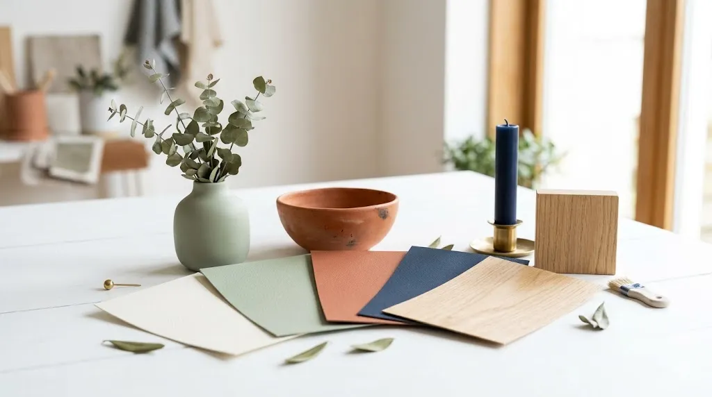 How to create a cohesive interior style across every room – step 2: a whole-home color palette with swatches and coordinating accessories.