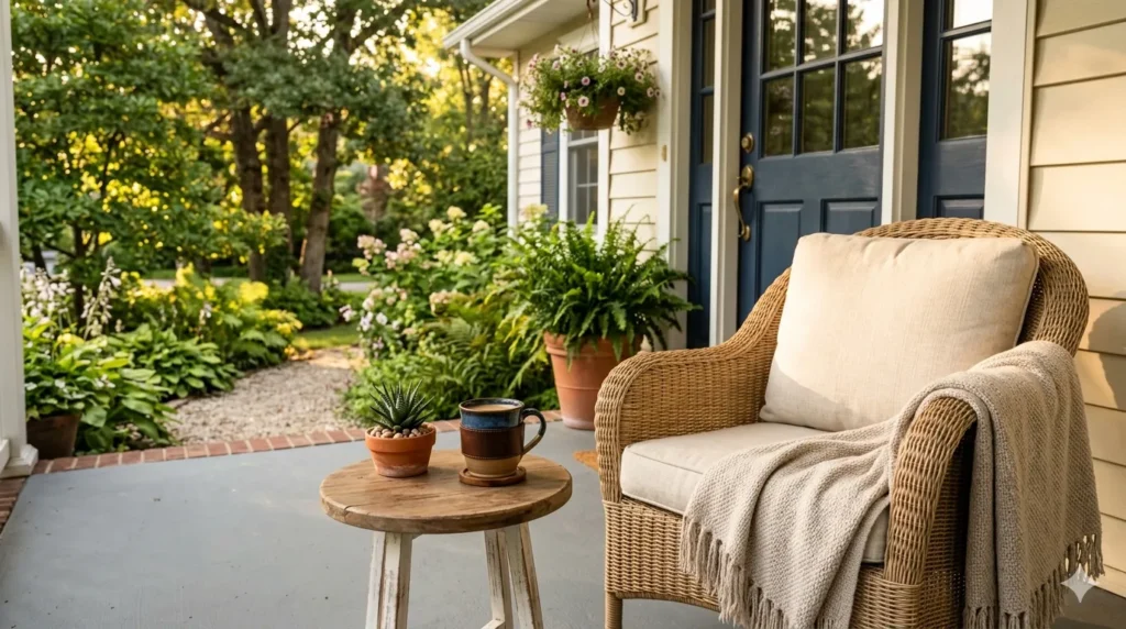 How to design a welcoming front porch from scratch – step 2: defining the porch as a morning coffee spot with a chair and side table.