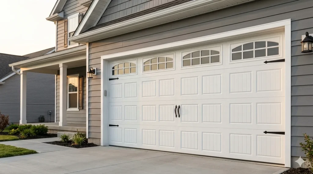 Garage door styles that transform your home's facade – flush panel garage door in matte charcoal on a modern home.