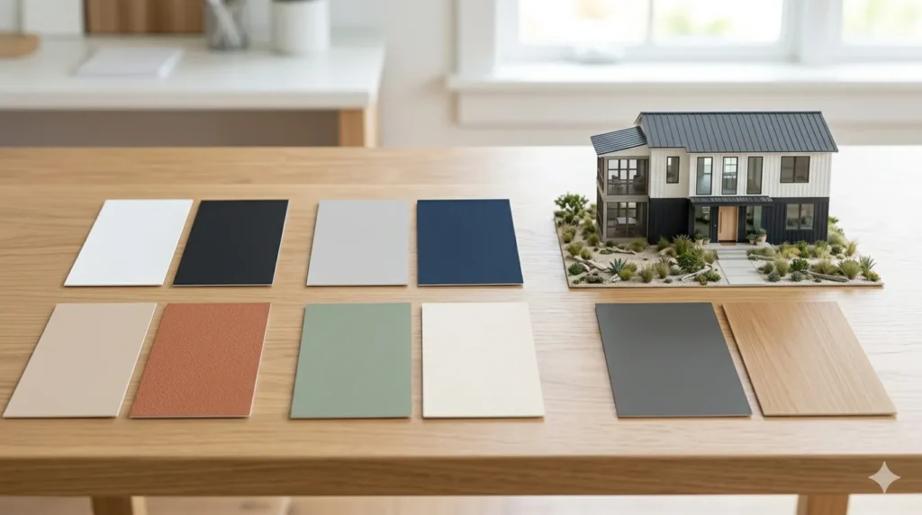 Two-tone exterior paint ideas for modern homes – step 2: five color pairings including white/charcoal, gray/navy, beige/terracotta, sage/white, dark gray/wood.