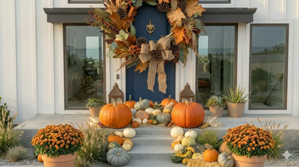 How to decorate your exterior for autumn – step 2: layered pumpkins and gourds on porch steps in orange, white, blue-gray, and mixed colors.