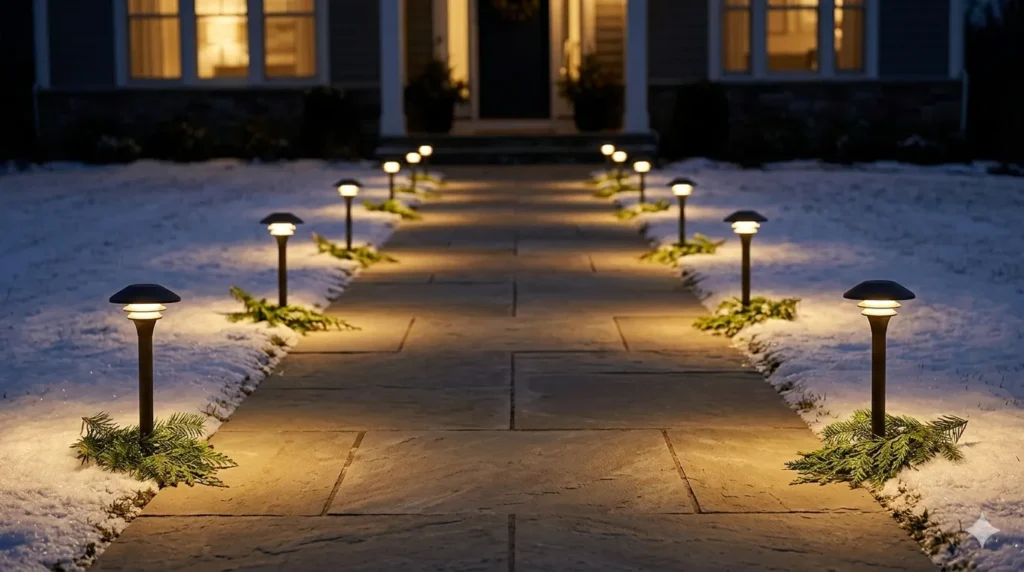 Christmas exterior lighting ideas that look elegant – step 2: warm path lights with evergreen accents along a stone walkway.