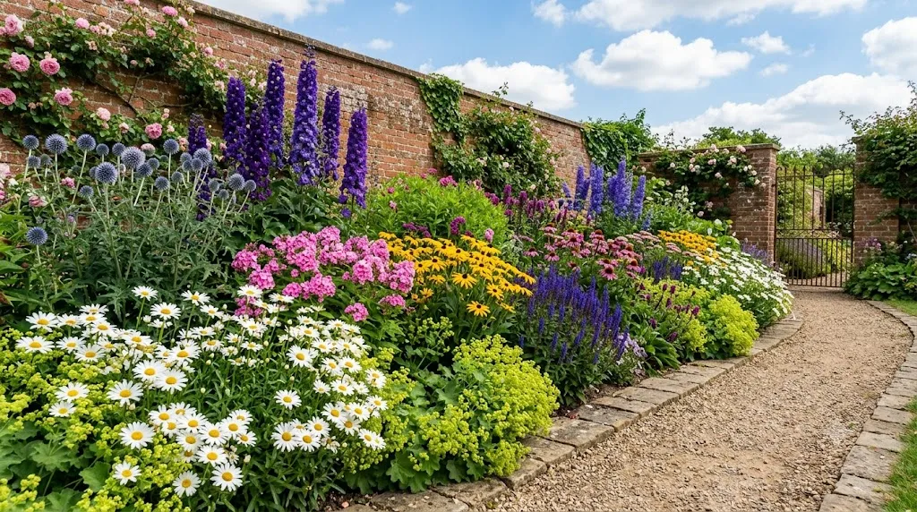 Perennial border ideas that look good every season – classic English layered border with delphiniums, phlox, rudbeckia, and shasta daisies.