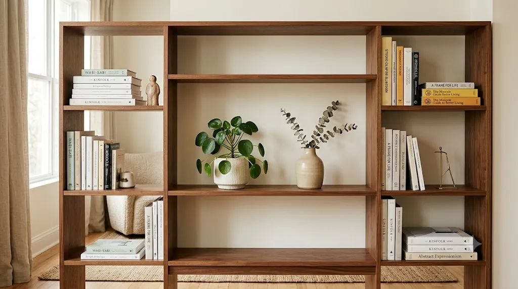 Home office bookshelf styling for video calls – golden rule 1: leaving negative space for visual breathing room.