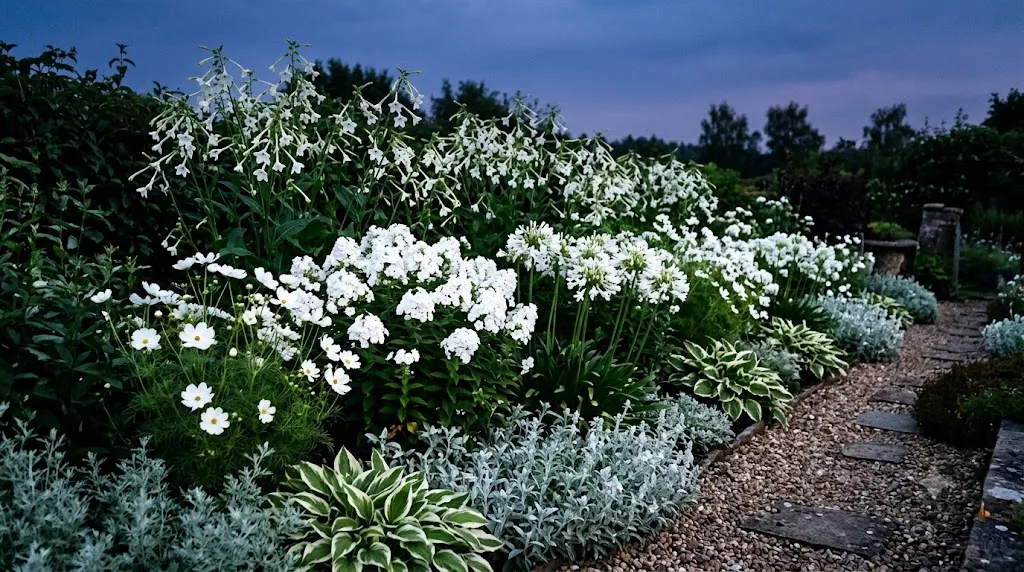 Perennial border ideas that look good every season – white and silver moon garden glowing at twilight.